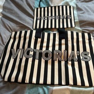 Victoria Secret Black and Cream Striped Tote Bag